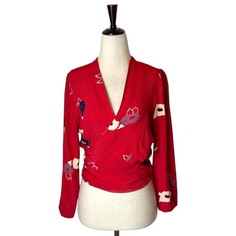 Rollas Wrap Shirt Women Small Red Floral Print Delilah‎ Blouse Boho Cottagecore